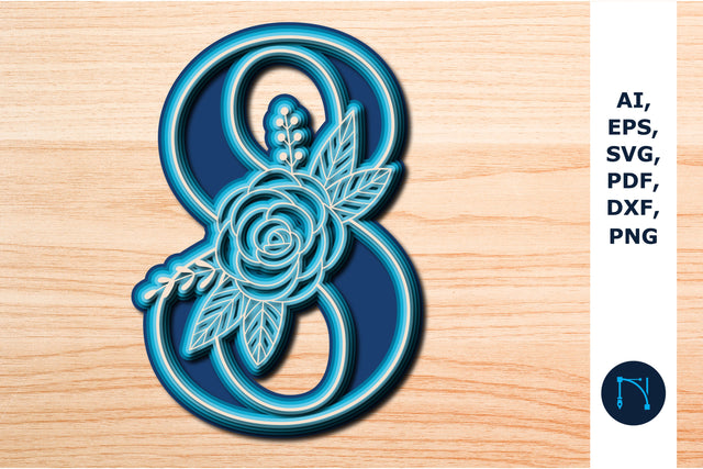 Layered Rose Number 8, 3D SVG cut file, laser-cut number, mandala number, 5 layer SVG MD JOYNAL ABDIN 