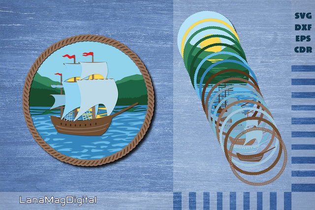 Layered sailing ship svg, Mountain veiw, Children's room decor 3D Paper LanaMagDigital 
