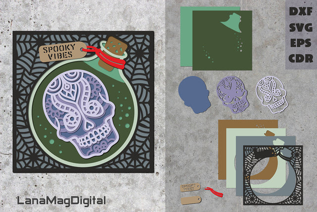 Layered Sugar skull in potion bottle svg Halloween spooky vibes 3D Paper LanaMagDigital 