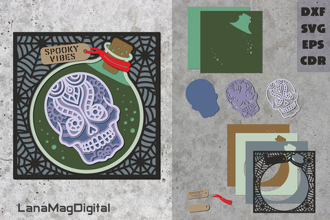 Layered Sugar skull in potion bottle svg Halloween spooky vibes 3D Paper LanaMagDigital 