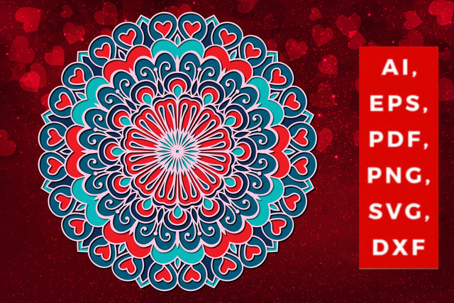 layered valentine mandala SVG with heart, Layered mandala, 3D mandala, Papercut mandala, Mandala ornament SVG MD JOYNAL ABDIN 
