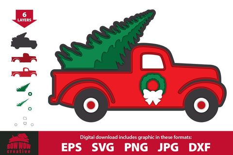 Layered Vintage Christmas Tree Truck Cutting File & Clipart SVG Bow Wow Creative 