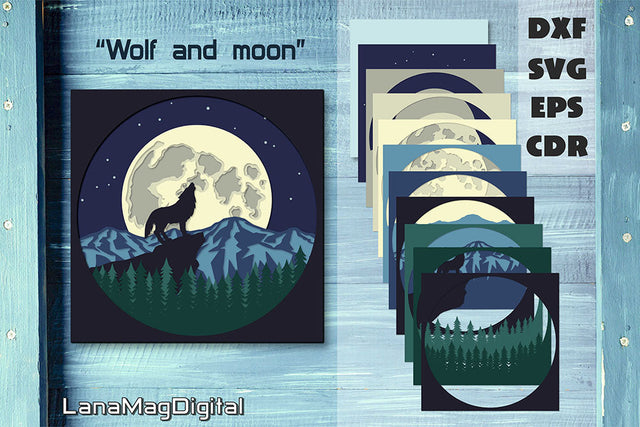 Layered wolf and moon svg, Mountain scene Shadow box svg 3D Paper LanaMagDigital 
