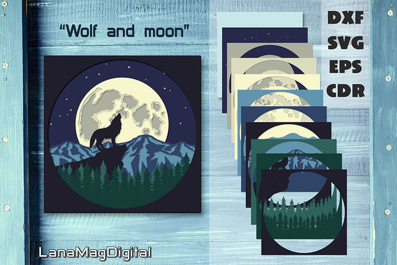 Layered wolf and moon svg, Mountain scene Shadow box svg 3D Paper LanaMagDigital 