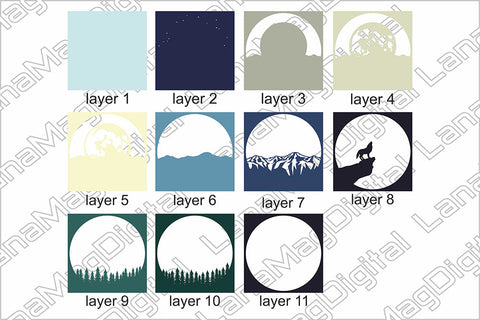 Layered wolf and moon svg, Mountain scene Shadow box svg 3D Paper LanaMagDigital 