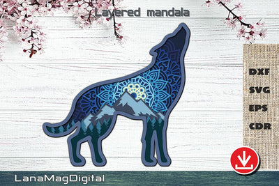 Layered Wolf svg, Mountain moonlight svg, Layered mandala svg 3D Paper LanaMagDigital 