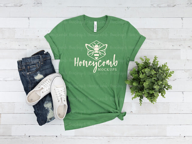 Leaf Bella Canvas 3001 Mockup, Green T-Shirt Mockup Mock Up Photo Honeycomb Mockups 