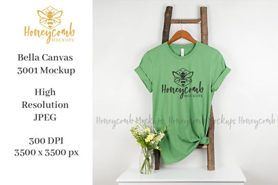 Leaf Bella Canvas 3001 Mockup, Hanging Ladder Mockup, Women's T-Shirt Mockup Mock Up Photo Honeycomb Mockups 