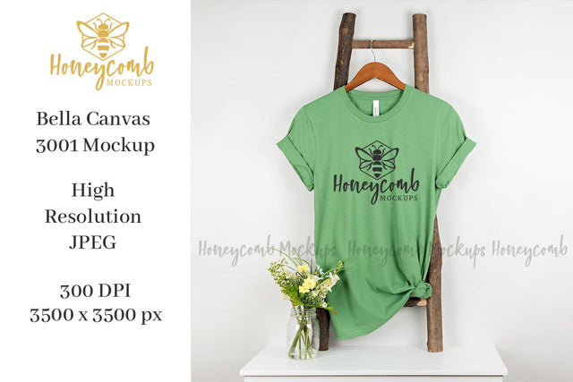 Leaf Bella Canvas 3001 Mockup, Hanging Ladder Mockup, Women's T-Shirt Mockup Mock Up Photo Honeycomb Mockups 