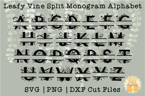 Leafy Vine Split Monogram Alphabet A-Z SVG PNG DXF Cut Files SVG Cheese Toast Digitals 