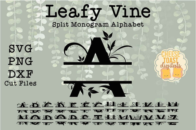 Leafy Vine Split Monogram Alphabet A-Z SVG PNG DXF Cut Files SVG Cheese Toast Digitals