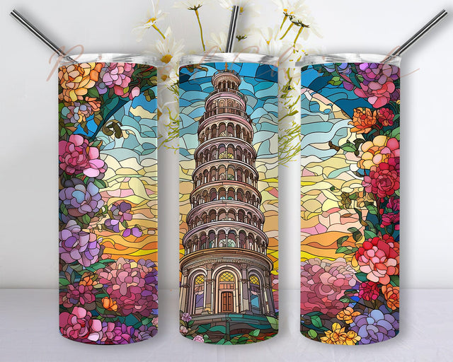 Leaning Tower Of Pisa Framed With Flowers 20oz Skinny Tumbler Png, Leaning Tower Of Pisa Tumbler, Tower Flowers Tumbler, Floral Eiffel Tower Tumbler Sublimation PixelChick 