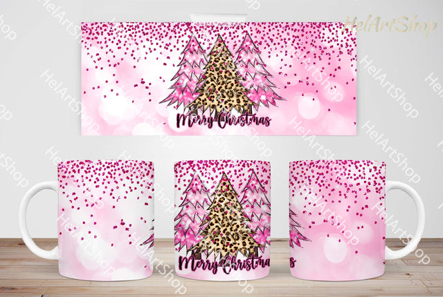 Leopard and Pink Christmas Trees Mug PNG, 11Oz Mug Sublimation _HelArtShop_ 
