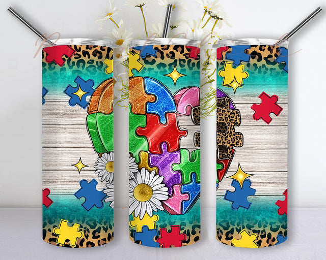 Leopard Autism Heart 20oz Skinny Tumbler Png, Autism Awareness Hearts Puzzle Leopard Tumbler, Floral Autism Tumbler, Autism Tumbler Png, Western Tumbler Png Sublimation PixelChick 
