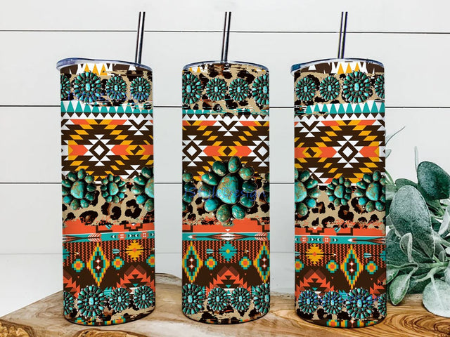 Leopard Aztec Turquoise Jewelry 20 oz. Skinny Tumbler PNG Sublimation Design, Western Skinny Tumbler Sublimation iStyleDesign 