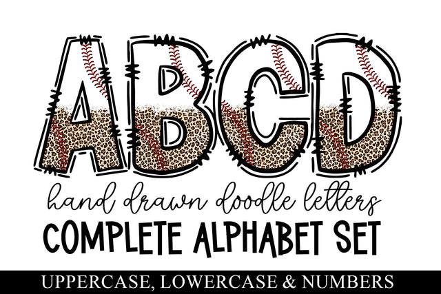 Leopard Baseball Doodle Letters, Baseball Sports Alphabet Sublimation BijouBay 