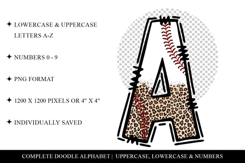 Leopard Baseball Doodle Letters, Baseball Sports Alphabet Sublimation BijouBay 