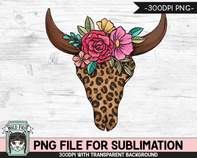 Leopard Cow Skull Floral SUBLIMATION design PNG, Leopard Cow Skull Flowers png file, Floral Cow Skull Leopard sublimation designs, instant download Sublimation Wild Pilot 