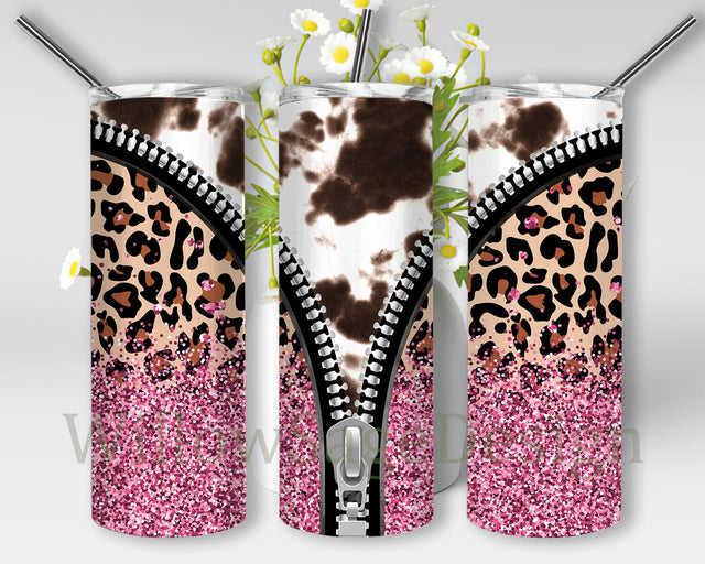 Leopard Cowhide Zippler Design Tumbler, Zippler 20oz Skinny Tumbler, Pink Glitter Tumbler Wrap, Leopard Print Sublimation Design, Instant Download Sublimation WillowSageDesign 