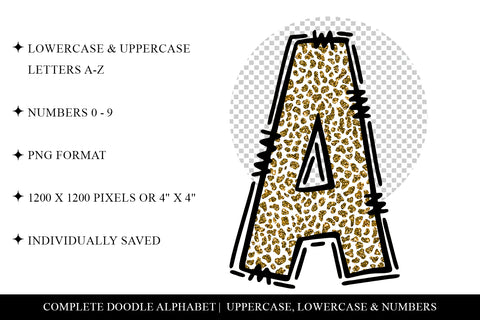 Leopard Doodle Letters, White & Gold Sublimation Alpha Sublimation BijouBay 