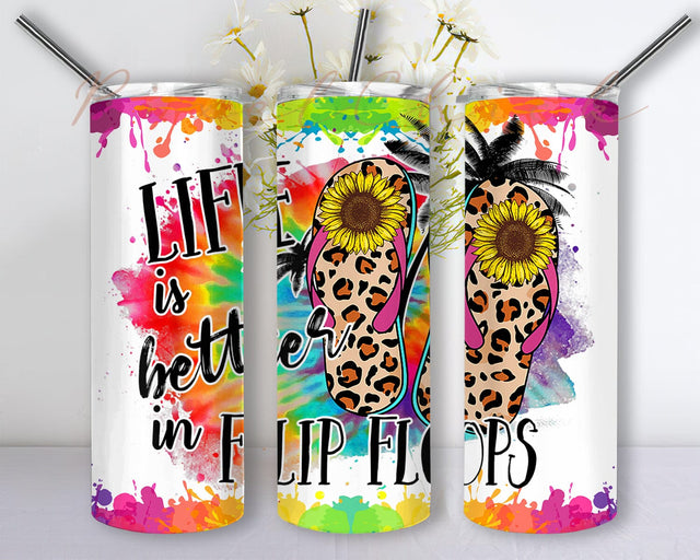 Leopard Flip Flops Life is Better 20oz Skinny Tumbler Png, Sandals Sunflower Leopard, Flip Flops Beach Summer, Beach Vacation Tumbler, Girls Trip Sublimation PixelChick 