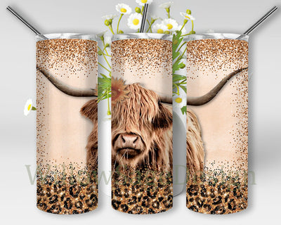 Leopard Highland Cow 20oz Skinny Tumbler Png, Leopard Glitter Tumbler, Western Sublimation Designs, Highland Cow, Leopard Print, Digital Download Sublimation WillowSageDesign 