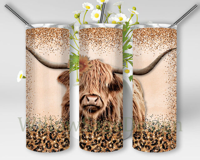 Leopard Highland Cow 20oz Skinny Tumbler Png, Leopard Glitter Tumbler, Western Sublimation Designs, Highland Cow, Leopard Print, Digital Download Sublimation WillowSageDesign 