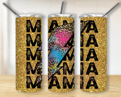 Leopard Lightning Bolt Mama Mother's Day 20oz Skinny Tumbler Png, Gold Glitter Mama Tumbler, Mother's Day Skinny Tumbler, Lightning Bolt Mama Sublimation BouDesign 