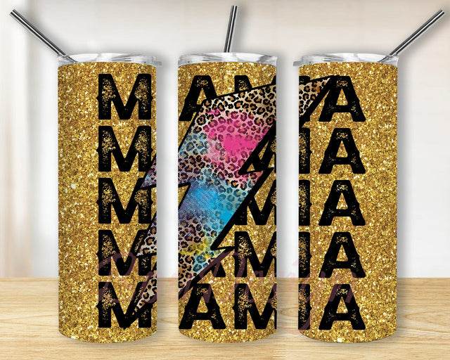 Leopard Lightning Bolt Mama Mother's Day 20oz Skinny Tumbler Png, Gold Glitter Mama Tumbler, Mother's Day Skinny Tumbler, Lightning Bolt Mama Sublimation BouDesign 