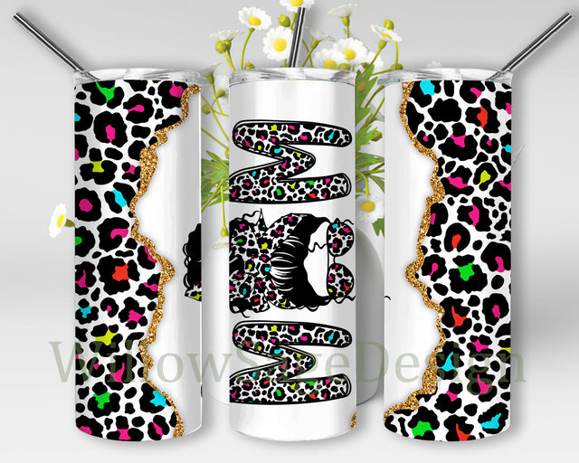 Leopard Messy Bun Mom 20oz Skinny Tumbler, Mom Leopard Full Tumbler Wrap, Leopard Glitter Tumbler Template, Mother's Day Sublimation Design, Digital Download Sublimation WillowSageDesign 