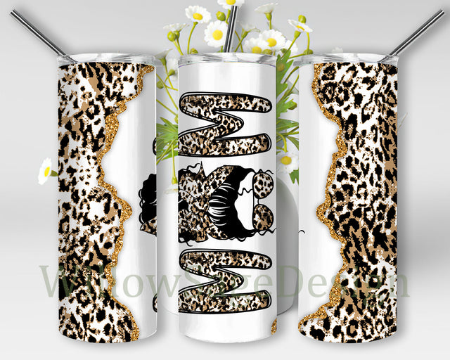 Leopard Mom 20oz Skinny Tumbler, Messy Bun Mom Design Tumbler, Leopard Glitter Tumbler Png, Mom Tumbler Wrap, Mother's Day Gift, Digital Download Sublimation WillowSageDesign 