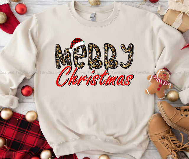 Leopard Print Merry Christmas with Santa Hat PNG Sublimation Design Sublimation ToriDesigns 