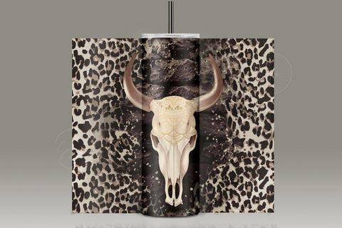 Leopard Print Tumbler Wrap, Western Cow Boy Tumbler Design, Cow Skull, Seamless Sublimation Design PNG, 20 oz Skinny Travel Tumbler Sublimation Syre Digital Creations 