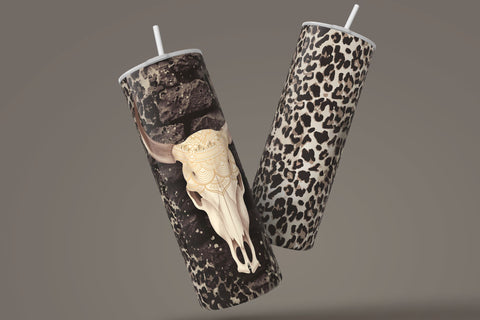 Leopard Print Tumbler Wrap, Western Cow Boy Tumbler Design, Cow Skull, Seamless Sublimation Design PNG, 20 oz Skinny Travel Tumbler Sublimation Syre Digital Creations 