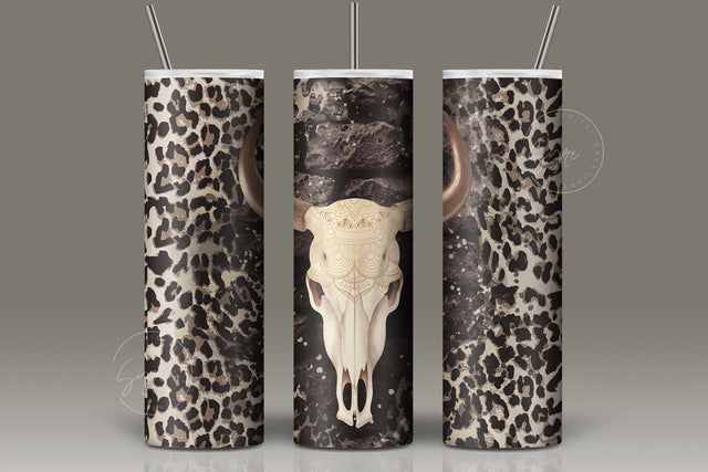 Leopard Print Tumbler Wrap, Western Cow Boy Tumbler Design, Cow Skull, Seamless Sublimation Design PNG, 20 oz Skinny Travel Tumbler Sublimation Syre Digital Creations 