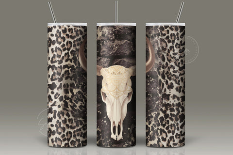 Leopard Print Tumbler Wrap, Western Cow Boy Tumbler Design, Cow Skull, Seamless Sublimation Design PNG, 20 oz Skinny Travel Tumbler Sublimation Syre Digital Creations 