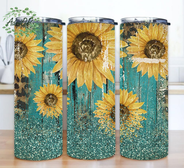 Leopard Sunflower 20 oz Skinny Tumbler, Teal Wood Sublimation Design, Leopard Png, Sunflower Tumbler, Sunflower Cheetah Print Tumbler Sublimation AdriOP 