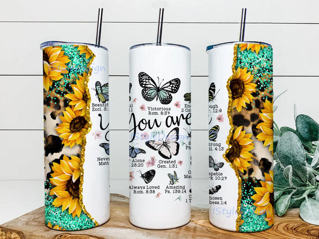 Leopard Sunflower Christian Bible Verse You Are 20oz Skinny Tumbler, Butterfly Sunflower Tumbler Png, Gift For Mother's Day Png Sublimation iStyleDesign 