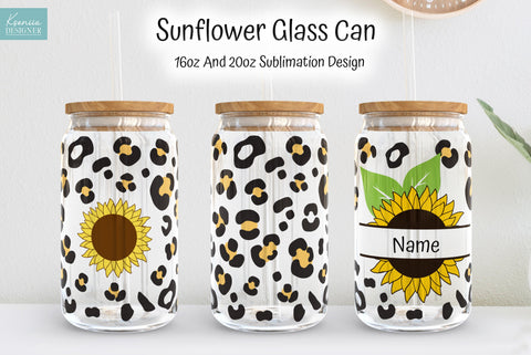 Leopard Sunflower Glass Can Sublimation Designs. Full Wrap Sublimation Kseniia designer 