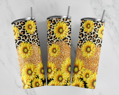 Leopard Sunflower Tumbler PNG Wrap Glitter Gold Cheetah Print Sublimation Tumbler Design 20oz Skinny Tumbler Wrap Templates Sublimation CaldwellArt 