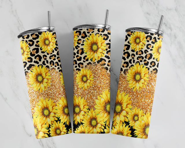 Leopard Sunflower Tumbler PNG Wrap Glitter Gold Cheetah Print Sublimation Tumbler Design 20oz Skinny Tumbler Wrap Templates Sublimation CaldwellArt 
