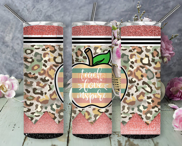 Leopard Teacher Love Inspire 20oz Tumbler Sublimation Wrap, Love Inspire Teach Tumbler, Teacher Life, Apple Graphic Teacher, Pink Glitter Leopard Tumbler Sublimation DesignSVG 