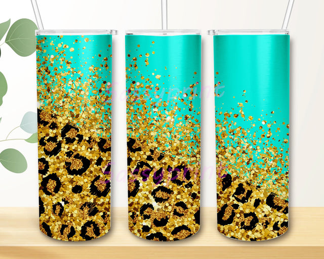 Leopard Teal, Glitter Gold Tumbler, Skinny Tumbler Digital Download PNG Sublimation sassyprint 