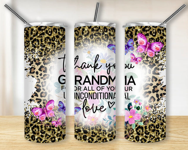 Leopard Thank You Grandma 20oz Skinny Tumbler Png, Leopard Grandma Tumbler, Butterfly Tumbler, Grandma Sublimation Design, Leopard Tumbler Wrap Sublimation BouDesign 
