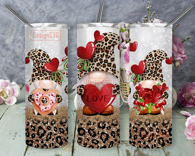Leopard Valentine Heart Gnomes Glitter 20oz Skinny Tumbler Png, Glitter Leopard Gnomes Tumbler, Love Tumbler, Gnome Tumbler Sublimation DesignSVG 