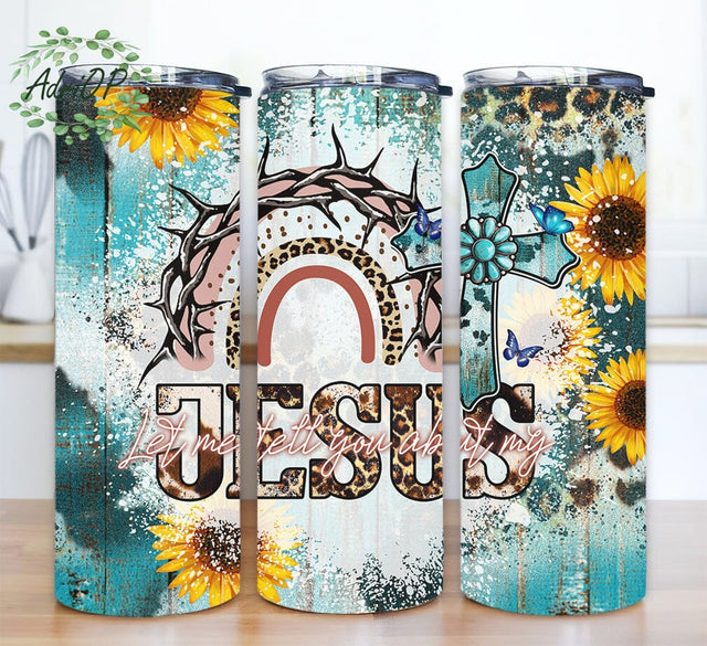 Let Me Tell You About My Jesus 20oz Skinny Tumbler Png, Christian Tumbler Png, Bible Verse Tumbler, Rustic Cross Png, Leopard Rainbow Tumbler, Sublimation Design Sublimation AdriOP 