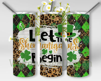 Let the Shenanigans Begin Tumbler Design, St. Patrick's Day 20oz Skinny Tumbler, Lucky Charm Tumble Png, Shamrock Design Png, Leopard Glitter Tumbler Wrap, Instant Download Sublimation WillowSageDesign 