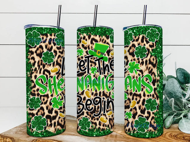 Let The Shenanigans Begin Tumbler Png, St.Patrick's Day 20oz Skinny Tumbler, Shamrock Glitter Design Png, Leoprad Tumbler Wrap, Lucky Charm Tumbler With Lid And Straw, Instant Download Sublimation iStyleDesign 