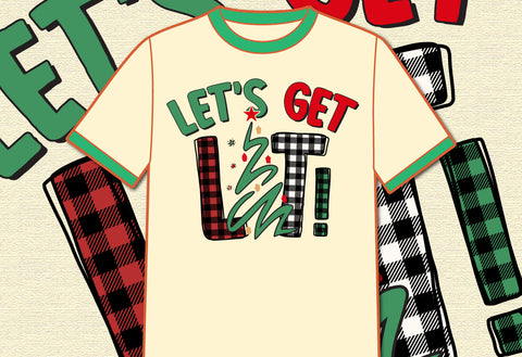 Let's Get Lit Sublimation T-Shirt, Plaid Pattern Shirt, Christmas Sublimation, Brush Stock Christmas Tree, Christmas Transparent Background Shirt Print Template Sublimation Depiction Studio 
