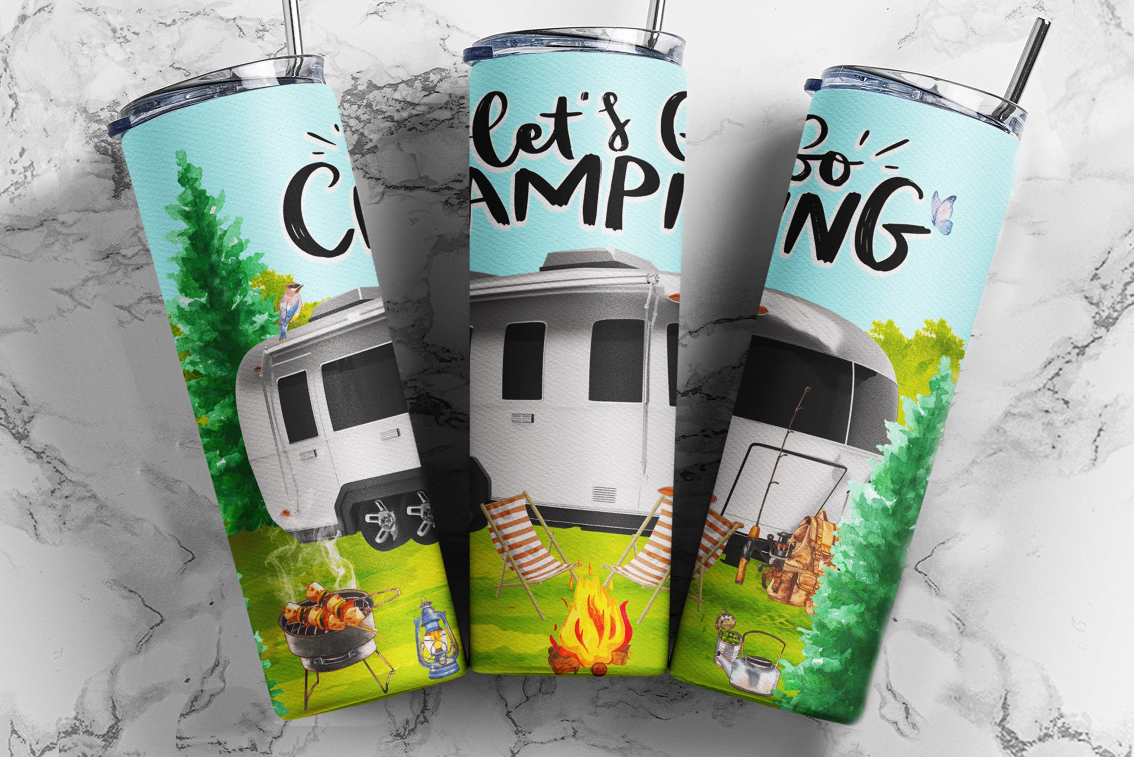 Let's Go Camping 20oz Skinny Tumbler Sublimation Designs, Camper